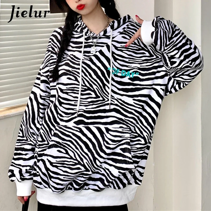 Jielur Autumn New Style Loose Long-sleeved Gray Zebra Stripes Hoodies Female Letter Printed Pocket Hooded Sweatshirts Women M-XL