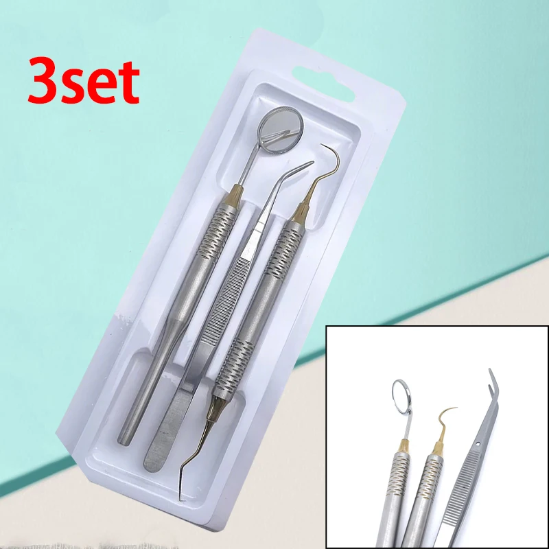 

Набор из 3 стоматологических инструментов: зеркало для осмотра полости рта, пинцет, изогнутый зонд из нержавеющей стали для чистки зубов. Оборудование для ухода за полостью рта.