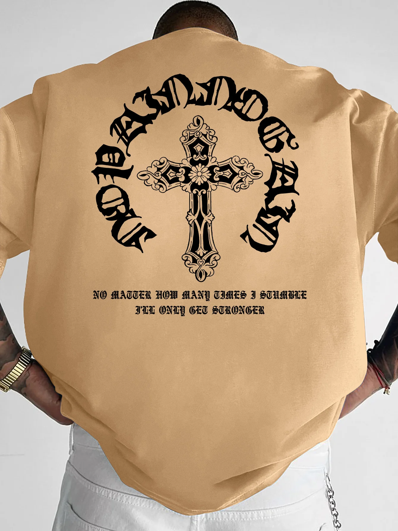 Herren Oversized T-Shirt mit überschnittenen Schultern, Vintage Gothic Kreuz Grafikdruck, lässiges Kurzarm-Shirt, S-XXL – Detail 10