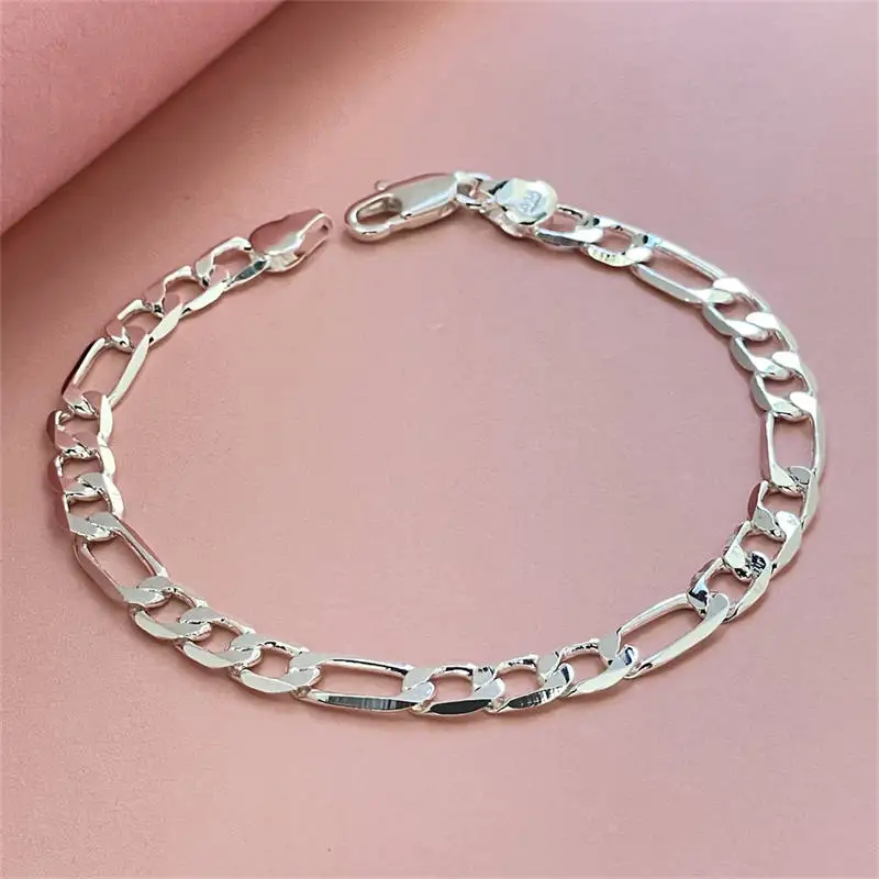 

925 Sterling Silver Bracelet 6mm Chain Wedding Nice Gift Solid For Men Women Jewelry Fashion Beautiful Bracelet 20CM 8inch