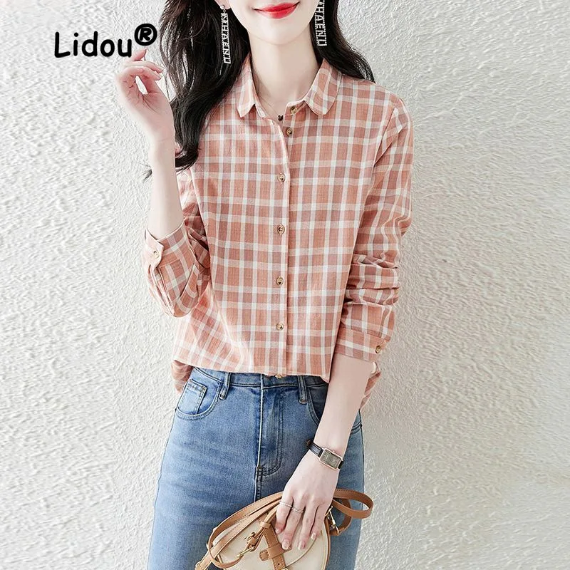 Casual Simplicity Lattice Blouse High-quality Long Sleeve Slim Autumn Office Polo Collar Dovetail All-match Lady Shirt 2023