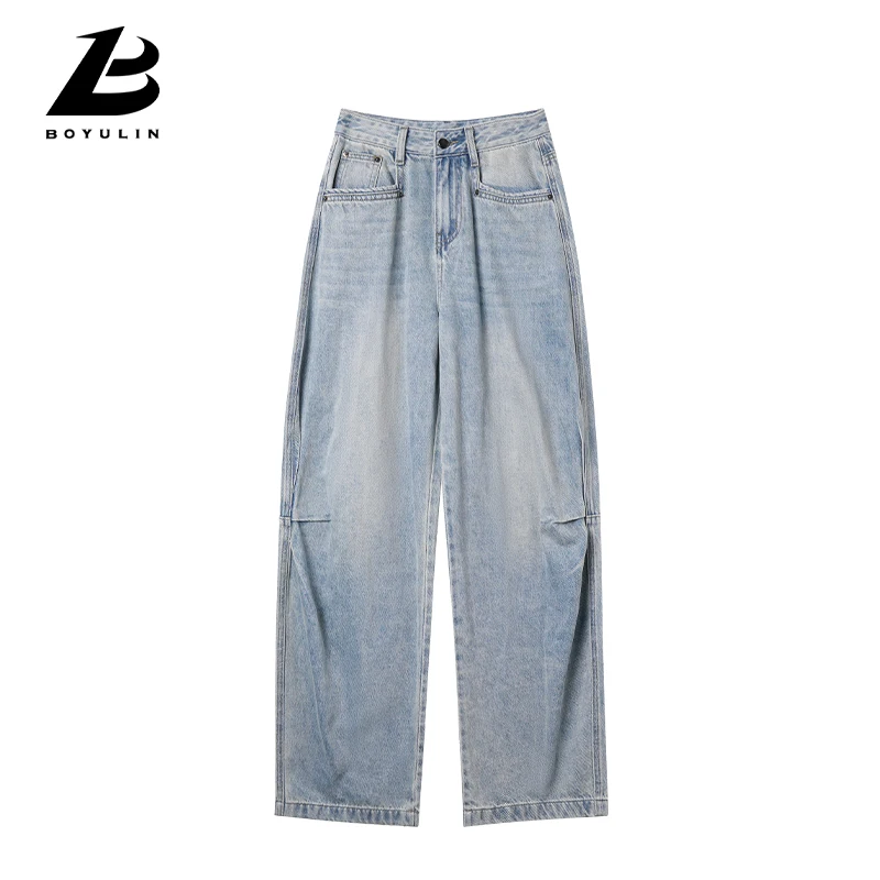 

2025 Spring Women's High Waist Wide Leg Jeans - Vintage Loose Fit Curved Hem Denim Pants for Relaxed Retro Style