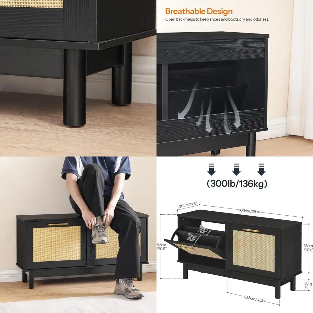 

Узкая скамейка для хранения обуви из ротанга с откидными ящиками, черный деревянный органайзер для прихожей