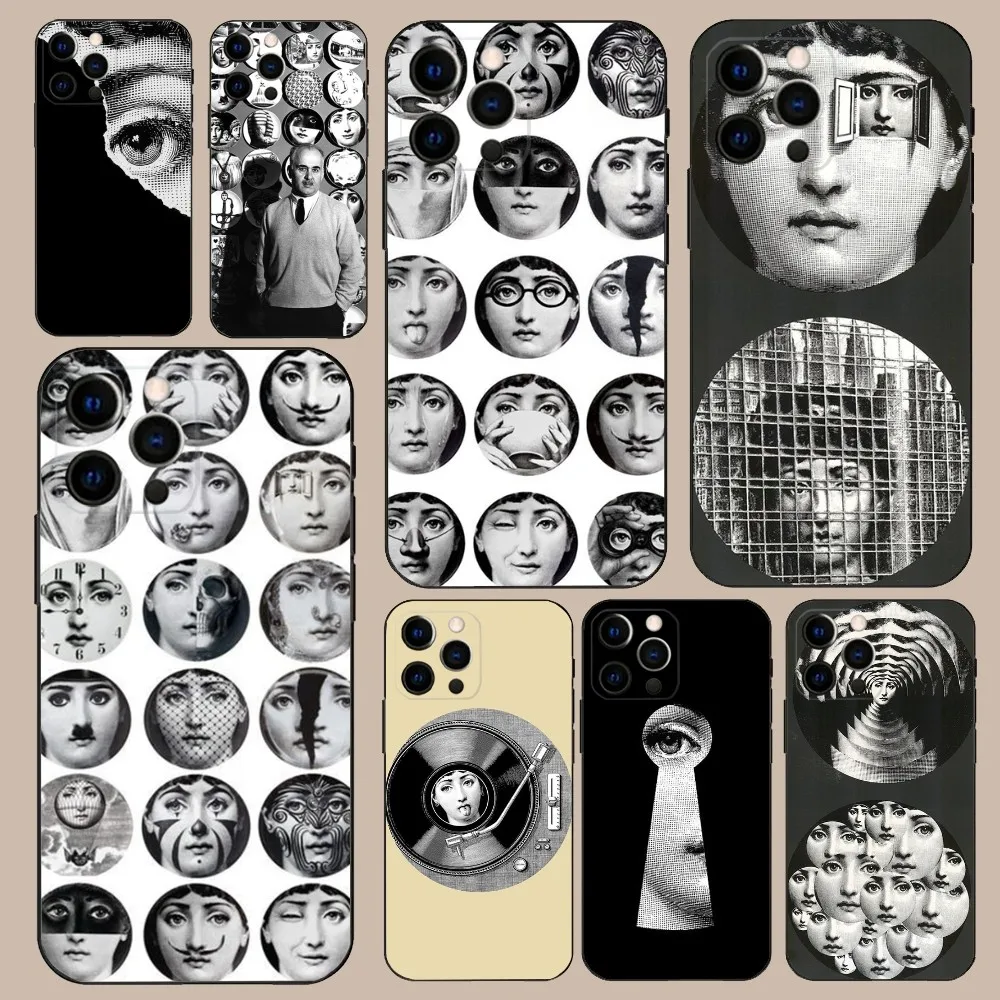 Face Art P-Piero F-Fornasetti Phone Case For iPhone 16,15,14,13,12,11,Pro,X,XS,Max,XR,Plus,Mini Soft Black Cover