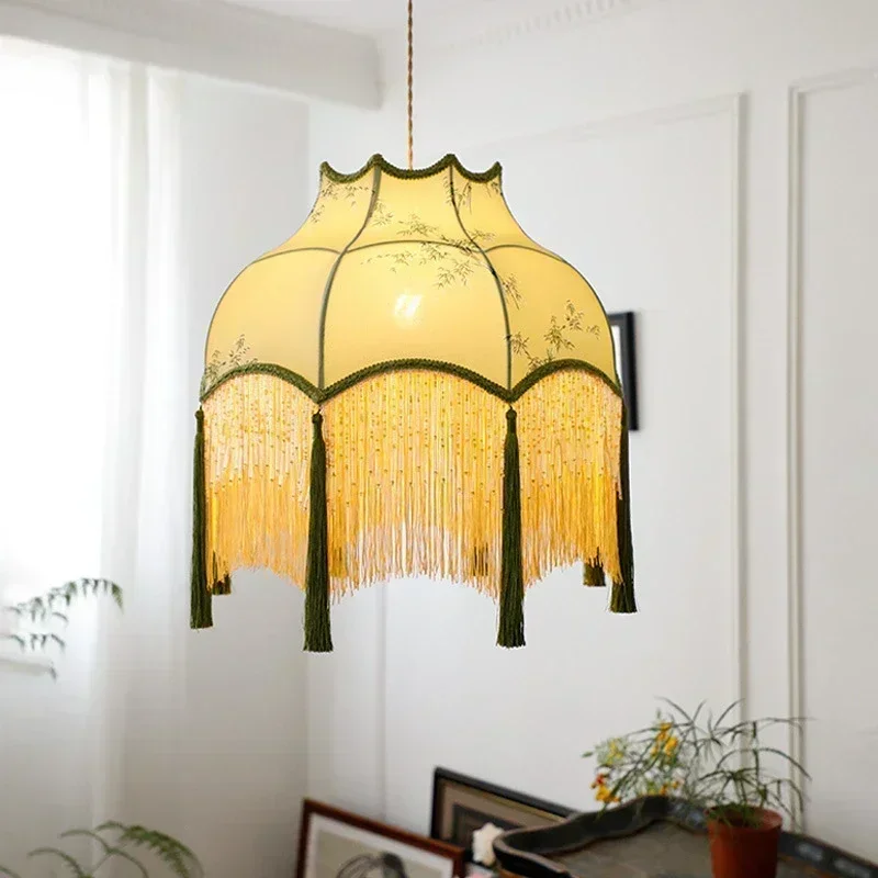 

SANDYHA Retro Green Fabric Pendant Light Vintage Ceiling Chandelier LED Bedroom Living Room Dining Table Lamp Home Decor