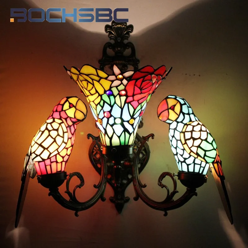 BOCHSBC Tiffany style stained glass three red rose parrot sconce light Restaurant bedroom headboard wall lamp aisle LED decor