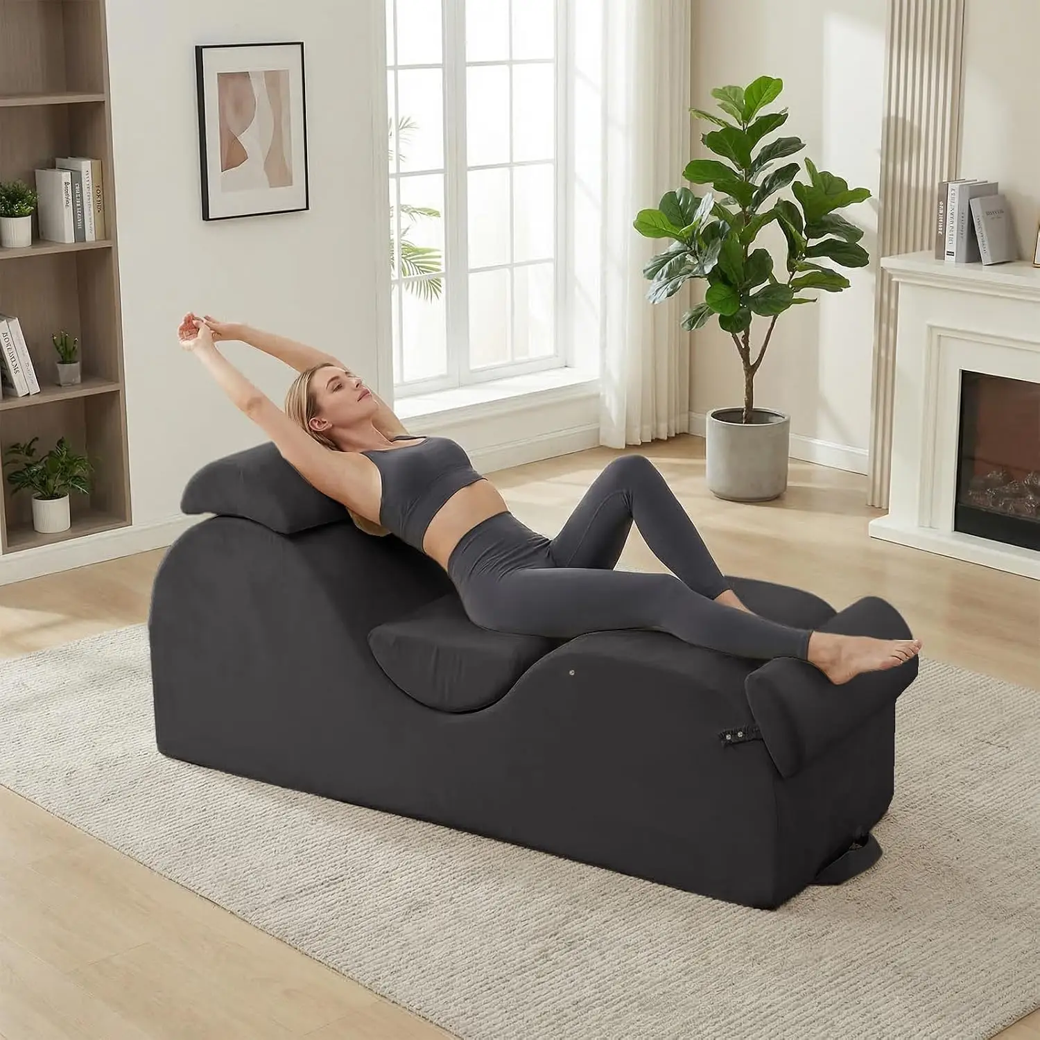 Velvet Yoga Chaise Lounge with Pockets, Headrest, Cushion, Movable Footrest, Curved Sofa for Bedroom, Grey, Customized
