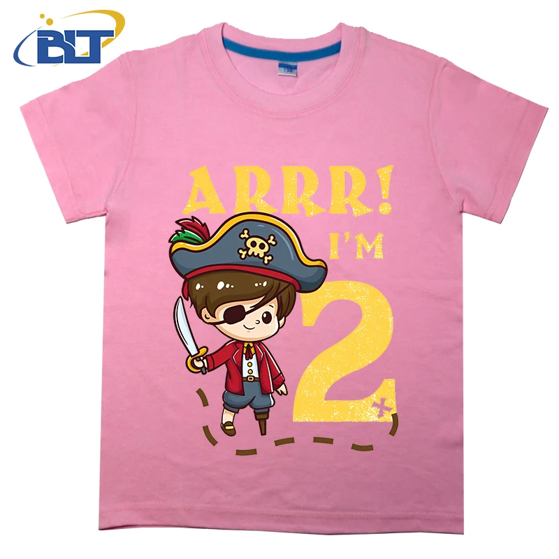 Camiseta con estampado de capitán pirata para niños, top informal de manga corta de algodón de verano, adecuado para niños y niñas, 2 ° cumpleaños