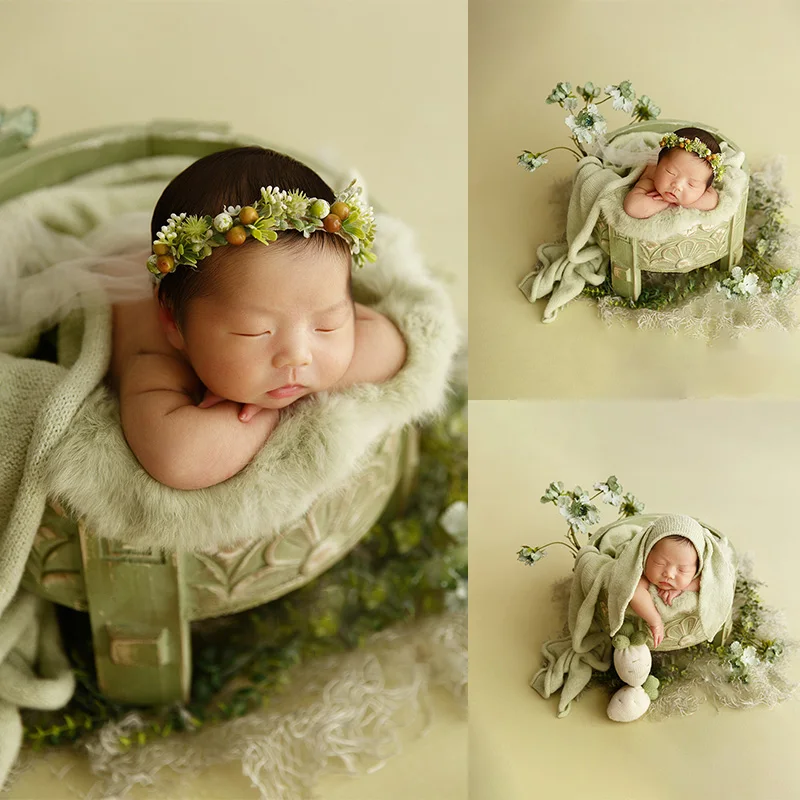 Newborn Photography Props Baby Photo Backdrops Headflower Rabbit Wool Blanket Filled Prop Studio 1 Month Newborn Baby Photo Prop