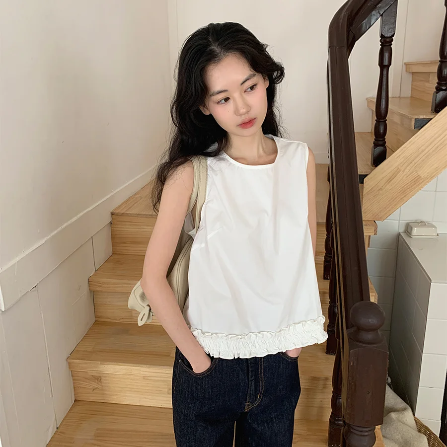 

Summer New Women's Short Sleeve round Neck Shirt Pure Color Versatile Splice Elegant Style Cotton Casual Wear for Teens