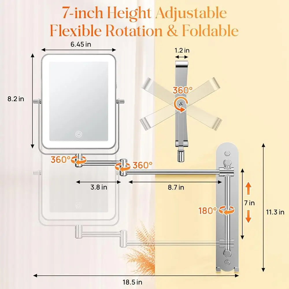 Height Adjustable Wall Mounted Lighted Makeup Mirror 3000mAh Rechargeable Magnification 1X10X Touch Switches 3 Light Colors 360
