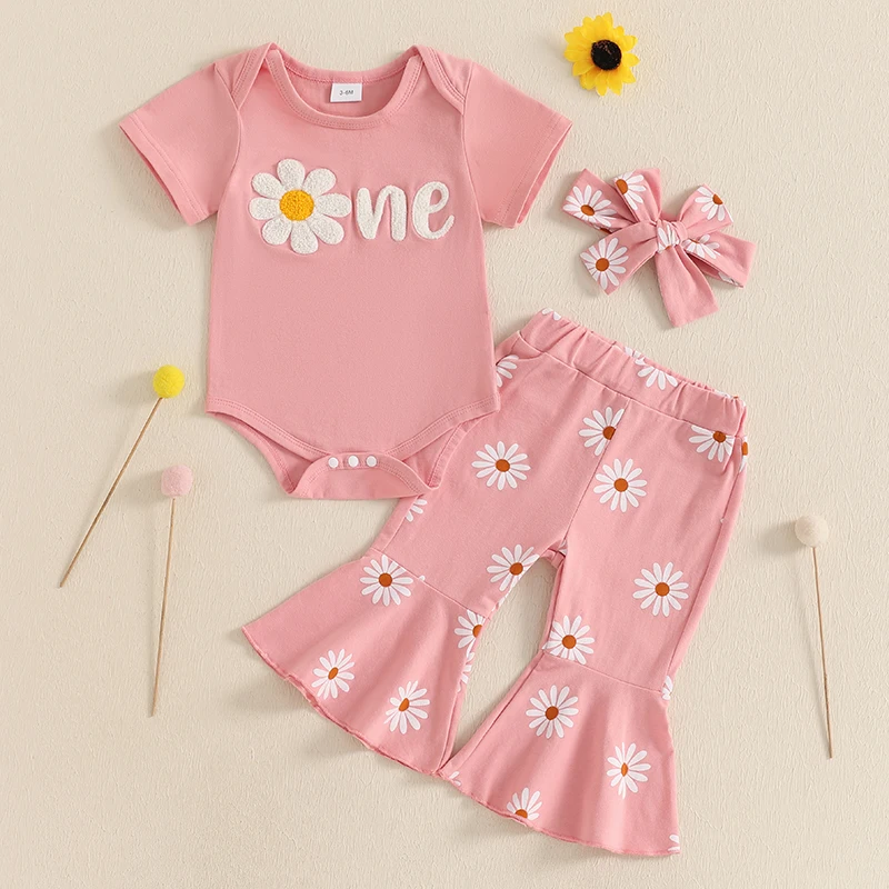 

Suefunskry Baby Girls Summer Outfit, Short Sleeve Letters Romper Flower Print Flare Pants Headband One Year Old Birthday Outfit