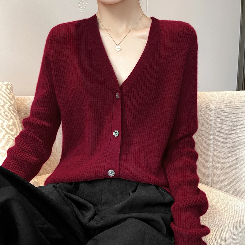 Hot Sale Autumn Winter New Female Wool Blend Sweater Woman V-neck Cardigan Fashion Casual Knitted Tops Solid Color Sweater