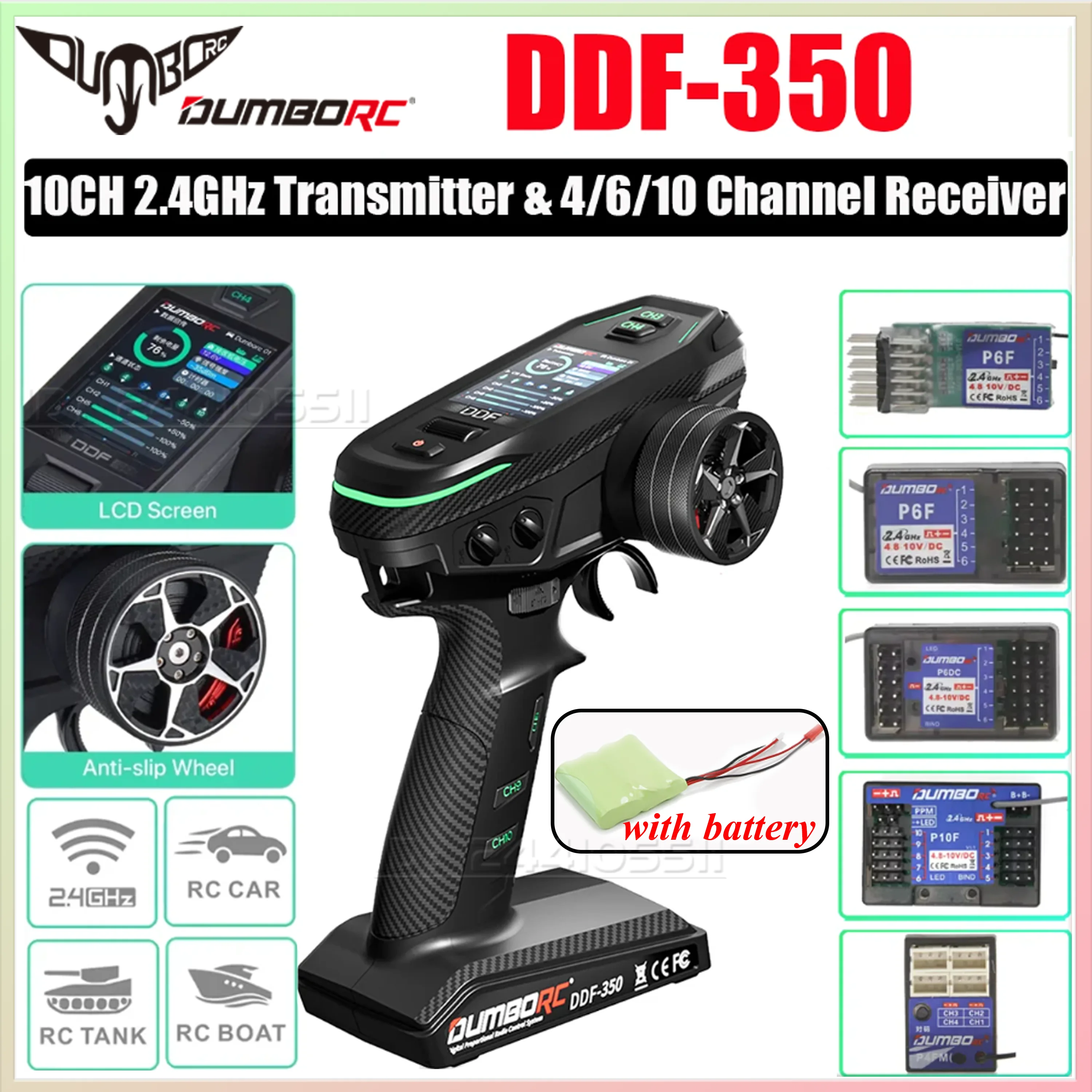 DUMBORC DDF-350 Transmitter with Receiver 2.4G 10CH Digital Radio Remote Controller for RC Car Boat Tank LCD FHSS System