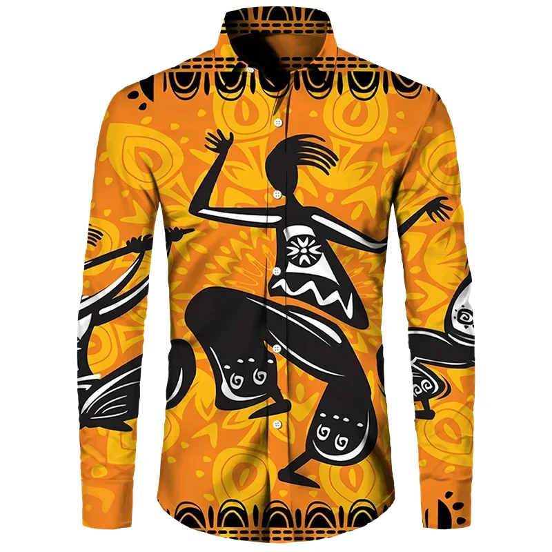 New Men\'s Lapel Buttons Shirt Fashion 3D Printed Pattern Long Sleeve Shirts African Traditional Casual Ethnic Style Blouse Tops