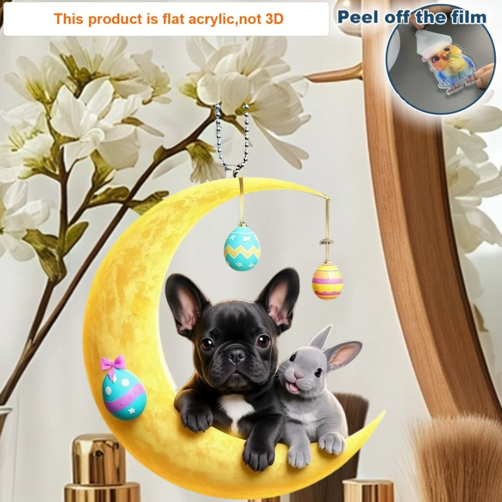 French Bulldog & Rabbit on Moon Pendant Keychain,Easter Egg 2D Flat Acrylic Hanging Charm,Decor for Car,Bags,Party,Festive,Gift