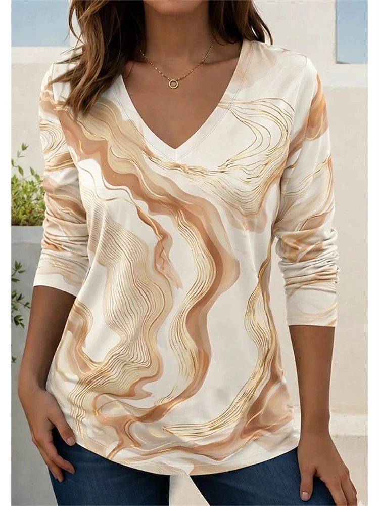 Women's Casual Long-Sleeve V-Neck T-Shirt with Minimalist Print Fall 2026 Soft Comfortable Top for Work and Commuting