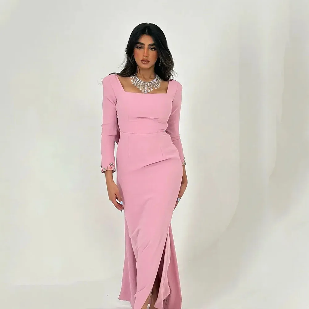 MOBEYE-Robe de Rhsirène perlée pour femme, col carré, robe de soirée rose, longueur au sol, fente latérale, saoudien, occasion spéciale, 2024