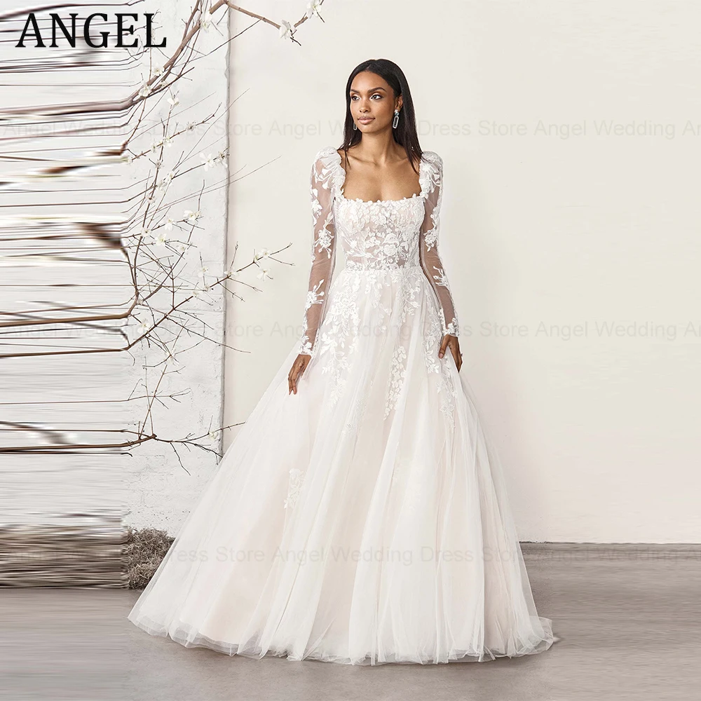 

ANGEL Elegant Wedding Dresses Lace Applique Long Sleeves Bride Gowns Tulle A-Line Backless Civil Square vestido de noiva