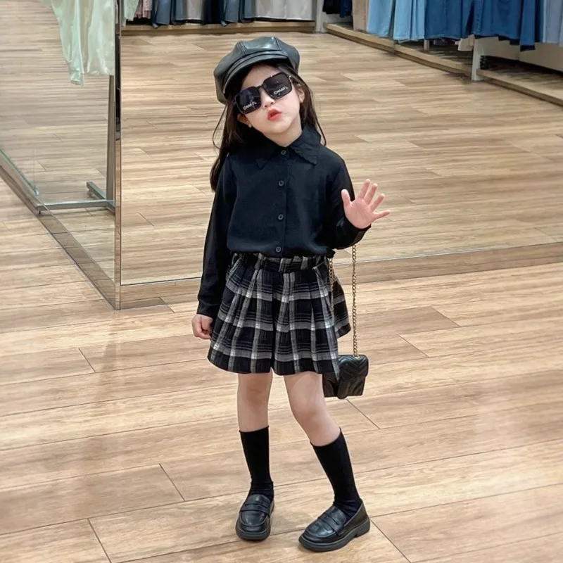 Children's Clothing Shirt Spring Autumn Fashionable Silky Black Single Breasted Long Sleeved Shirt Plaid Skirt