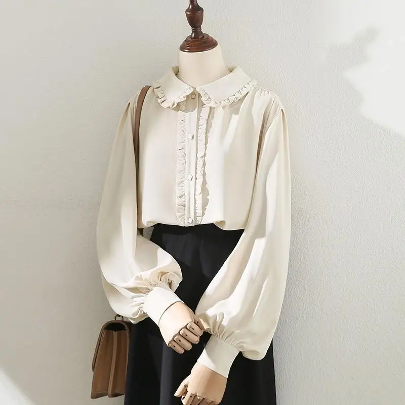 Women Elegant Blouse  Lolita Cute Ruffles Shirt Vintage Long Sleeve Tops  Peter Pan Collar Tops Female Spring Summer Clothing