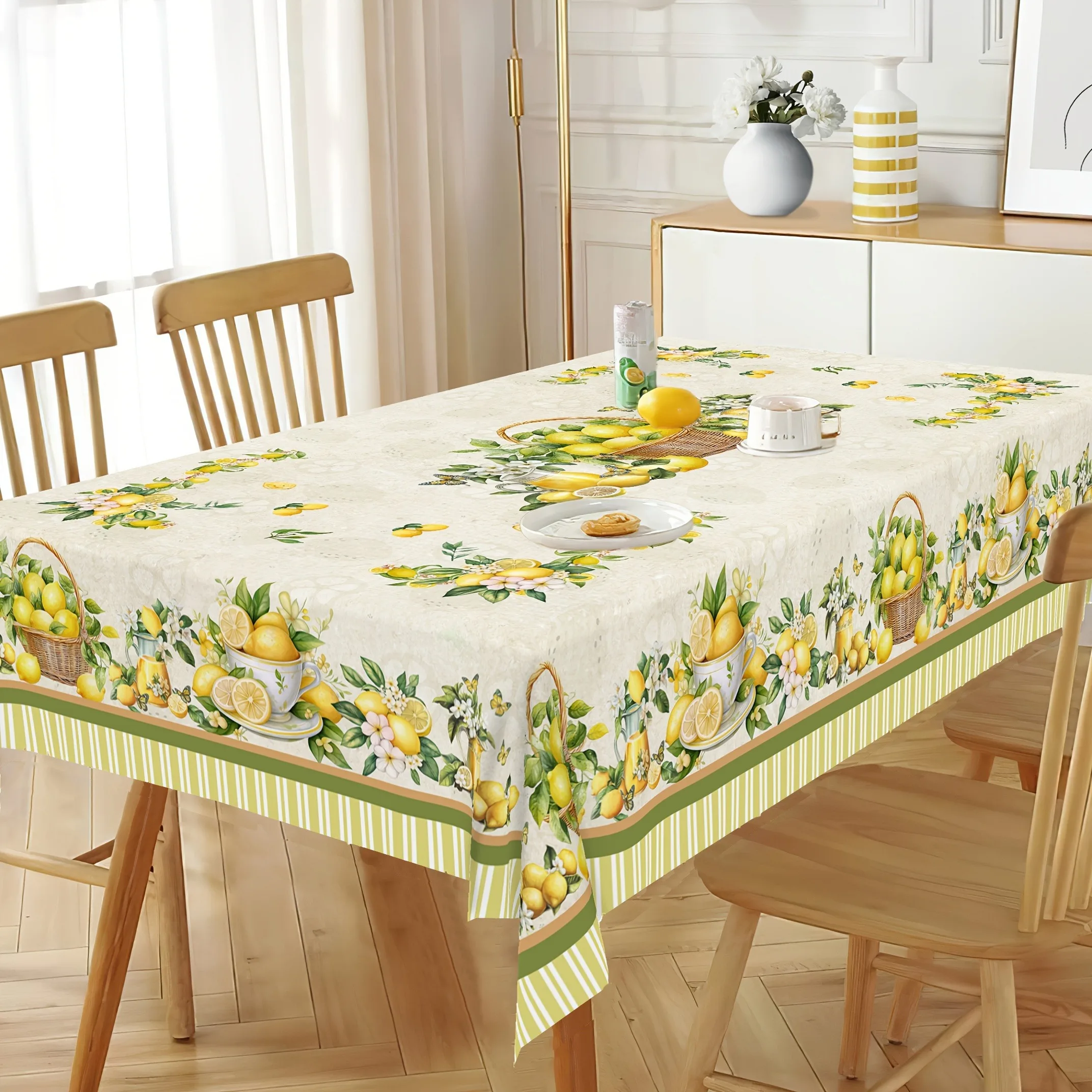 Tablecloth 1pc Retro Lemon Floral Tablecloth - Rectangular Polyester Material, Machine Made Design, with Lemon And Floral Pattern, Suitable for Spring/Summer Indoor/Outdoor Dining, Kitchen And Picnic Decoration - Ideal Gift