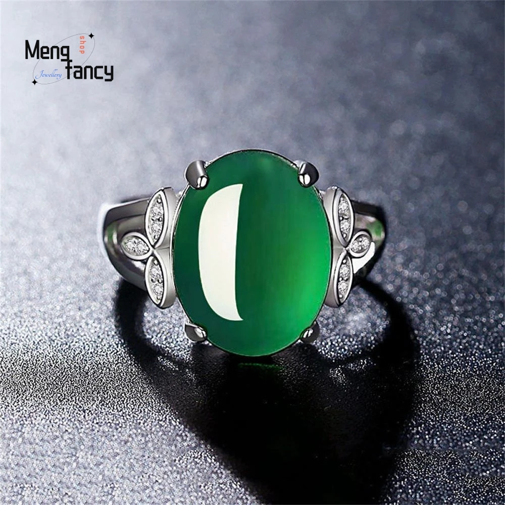 

Natural Agate Chalcedony 925 Silver Inlaid Ring Charm Fashion Elegant Jewelry Men Women Couple Promise Best Selling Wedding Gift