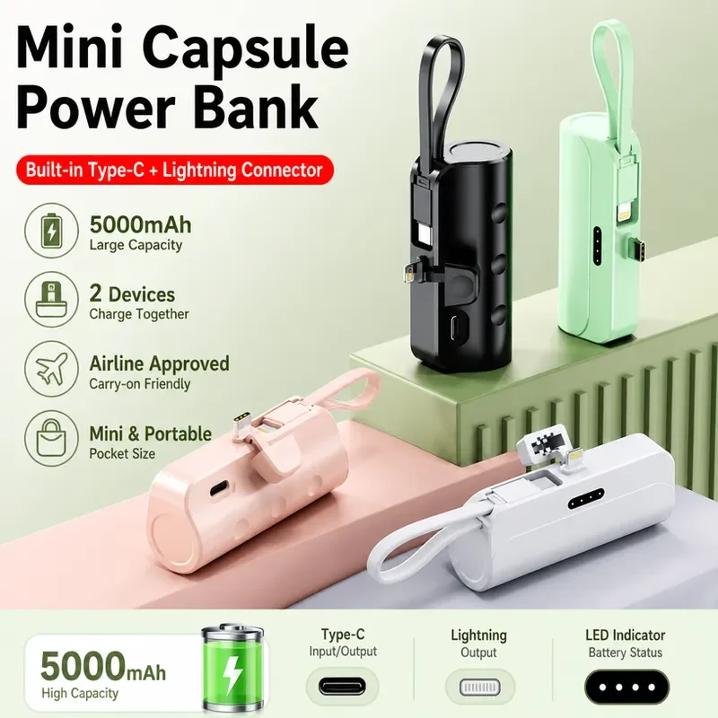 for Cross-border Self-contained Cable Power Bank 5000mAh Capsule Compact Portable Mobile Power Supply