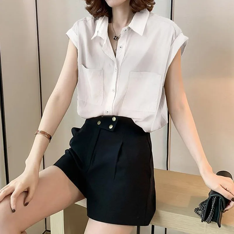 Simplicity All-match Turn-down Collar Solid Color Women\'s Shirt Summer Korean Loose Sleeveless Button Blouse Female Clothing