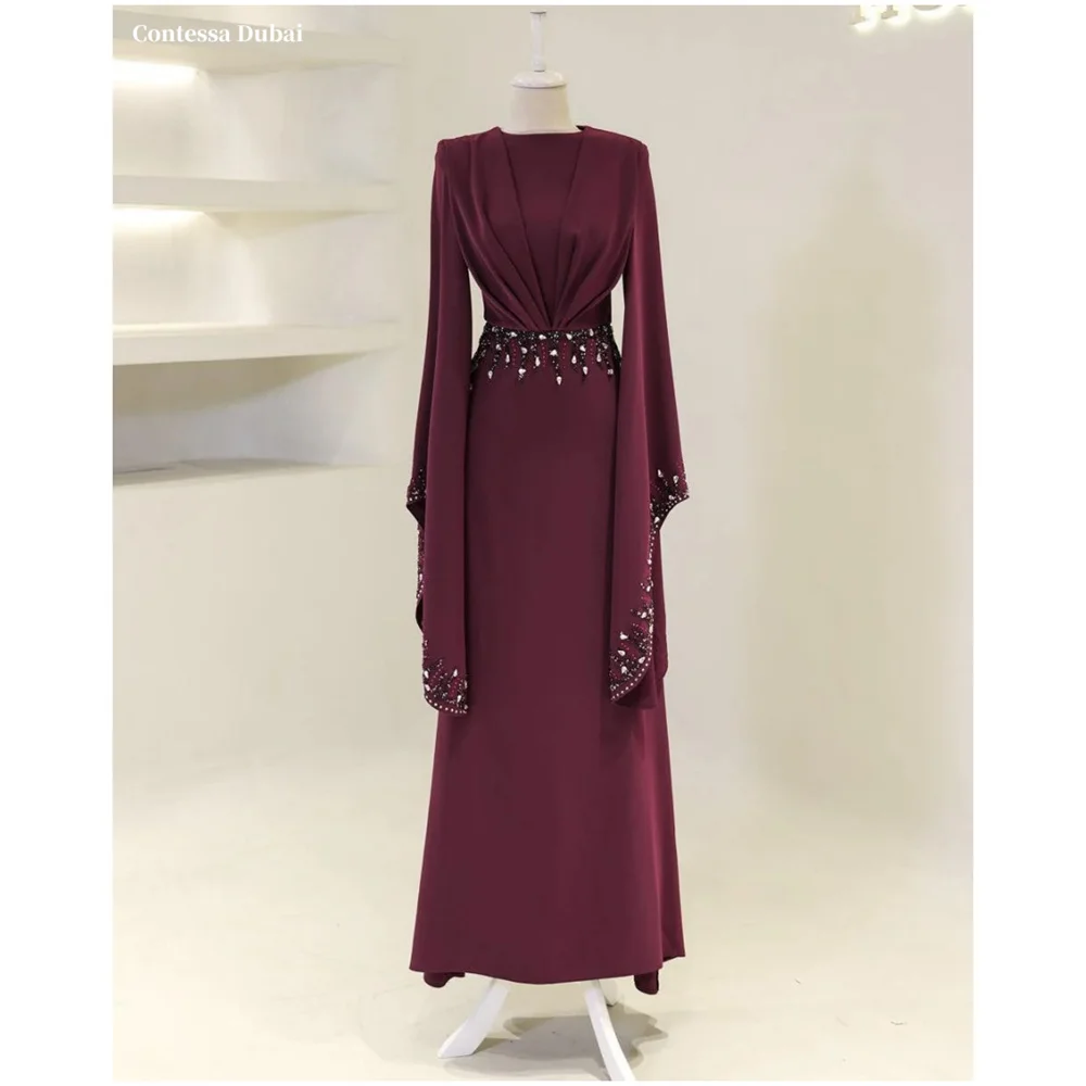 

Contessa Dubai Crystal Waist Wide Bell Sleeves Prom Dress High Collar Zipperفساتين سهراتFloor Length Srobes de soirée