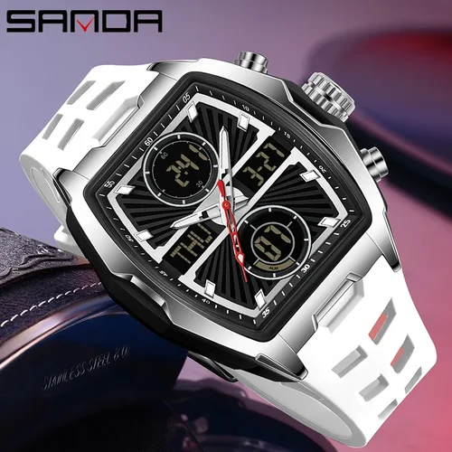 Imagen 2 del producto SANDA nuevo reloj de cuarzo para hombre, cronógrafo de lujo con pantalla Dual, resistente al agua hasta 50M, reloj Digital multifunción militar deportivo para hombre