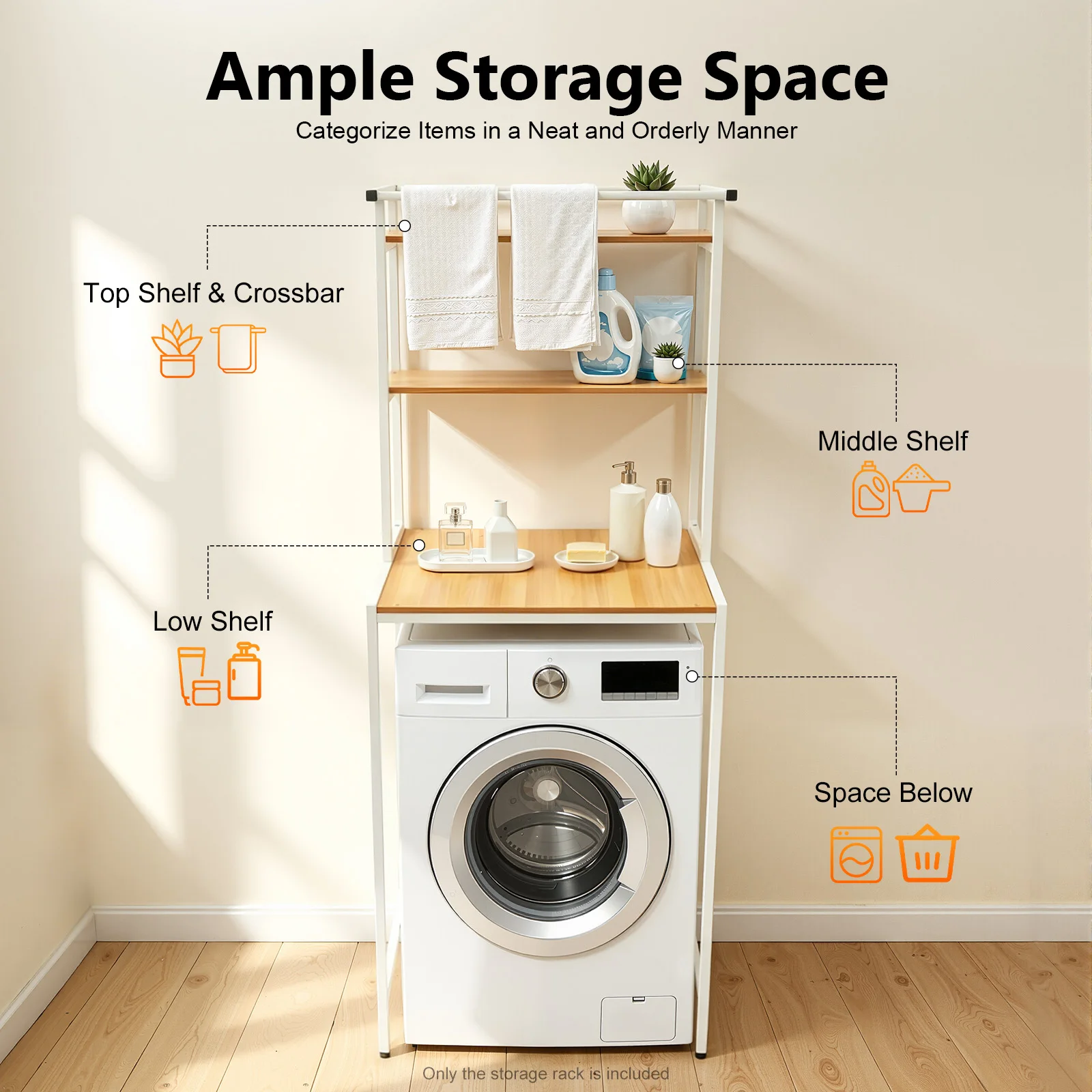Washer and Dryer Storage Shelf, 3-Tier Bathroom Space Saver Organizer Rack with Sturdy Metal Frame, White + Wood Color