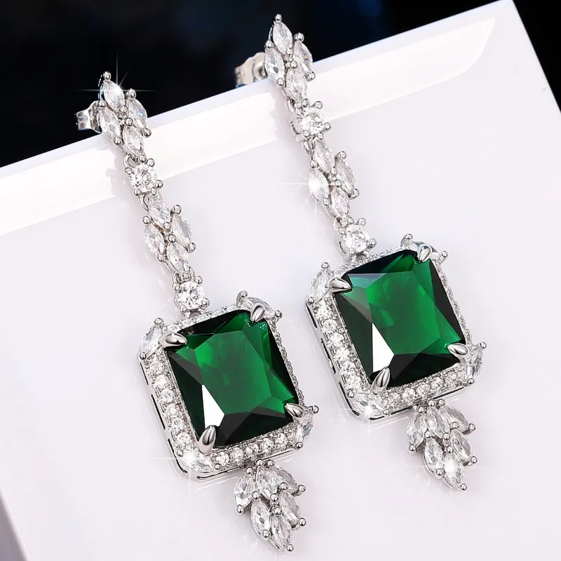 Huitan Gorgeous Square Green Cubic Zirconia Hanging Earrings for Women Newly Designed Bridal Wedding Accessories Luxury Jewelry