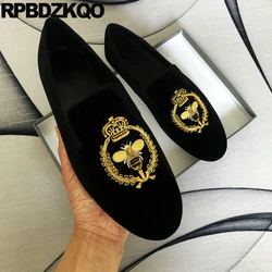 Animal Beaded Velvet Shoes 45 Large Size Smoking Slippers Loafers Paillette Round Toe Sequin Embroided Flats Men Slip On Crown