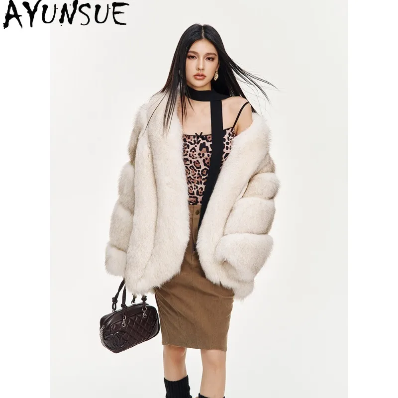 AYUNSUE 리얼 폭스 퍼 코트 여성용 따뜻한 겨울 퍼 재킷 긴 소매 탑 스타일리시 퍼 코트 럭셔리 여성 의류