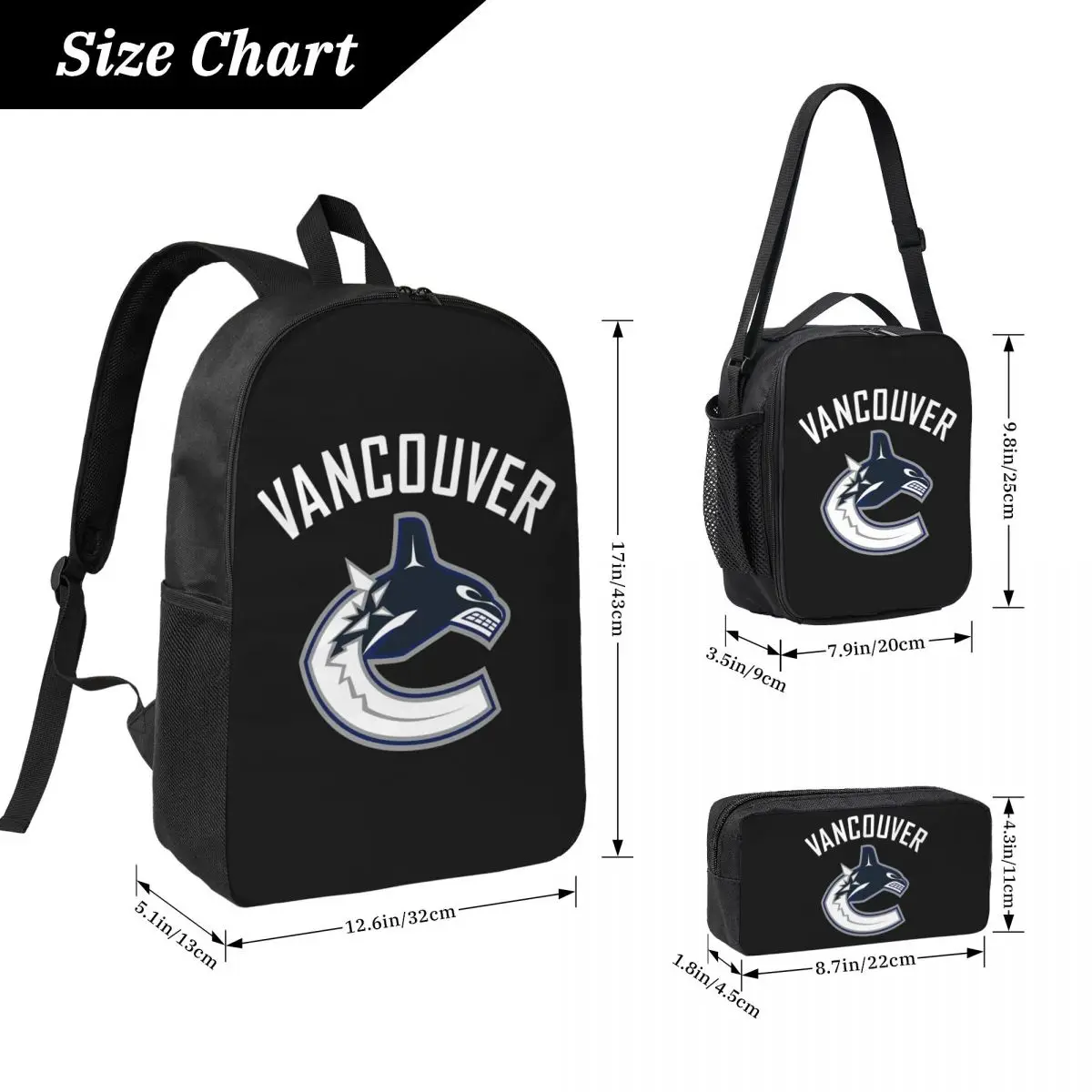 Vancouver Hockey Canucks Essential Active Backpack BookBag School Bag Laptop Shoulder Bags 3ps Insulated Lunch Bag Pencil Case