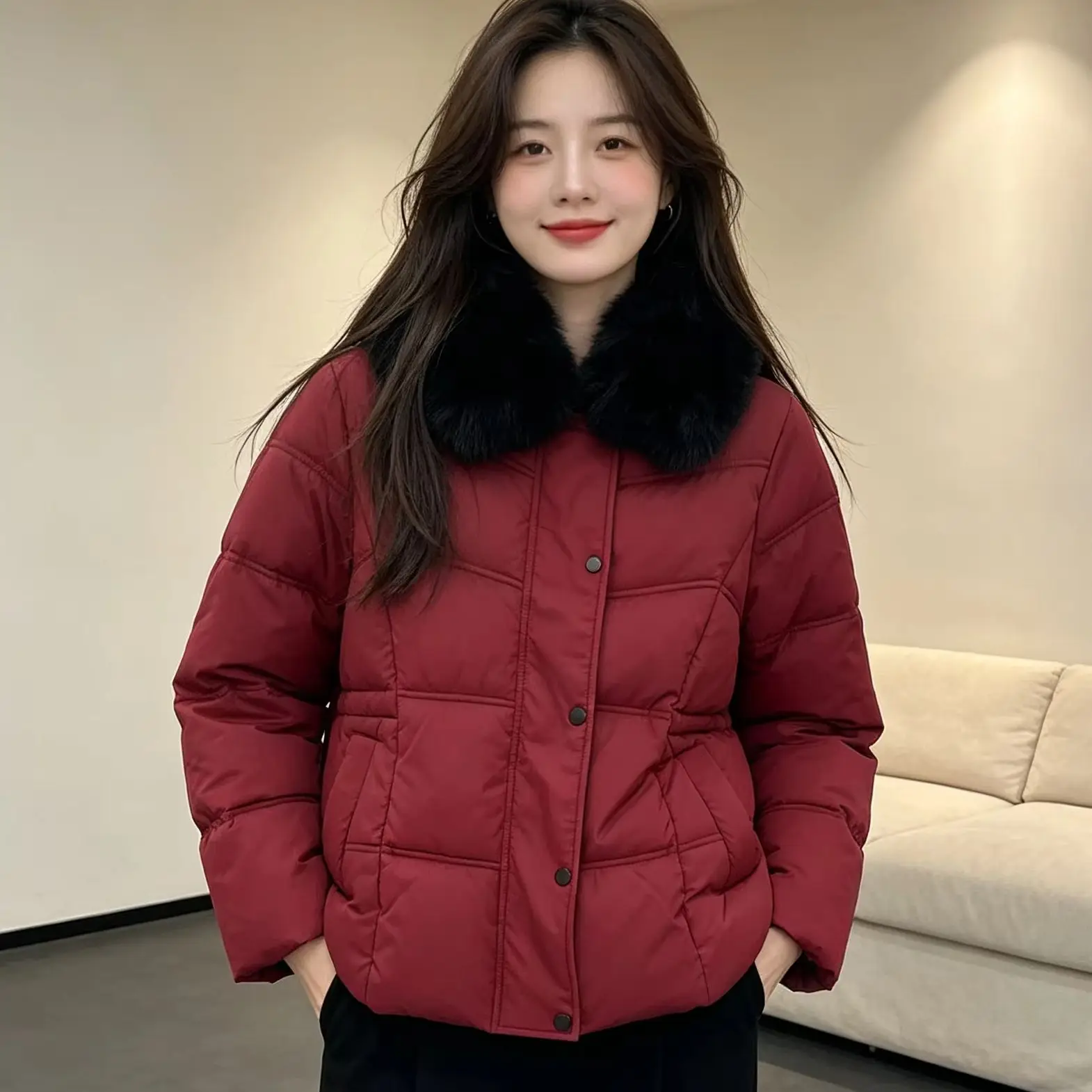 2026 New Women's Faux Fur Collar Padded Parka Coat Drawstring Waist Single-Breasted Warm Winter Casual Outerwear for Ladies