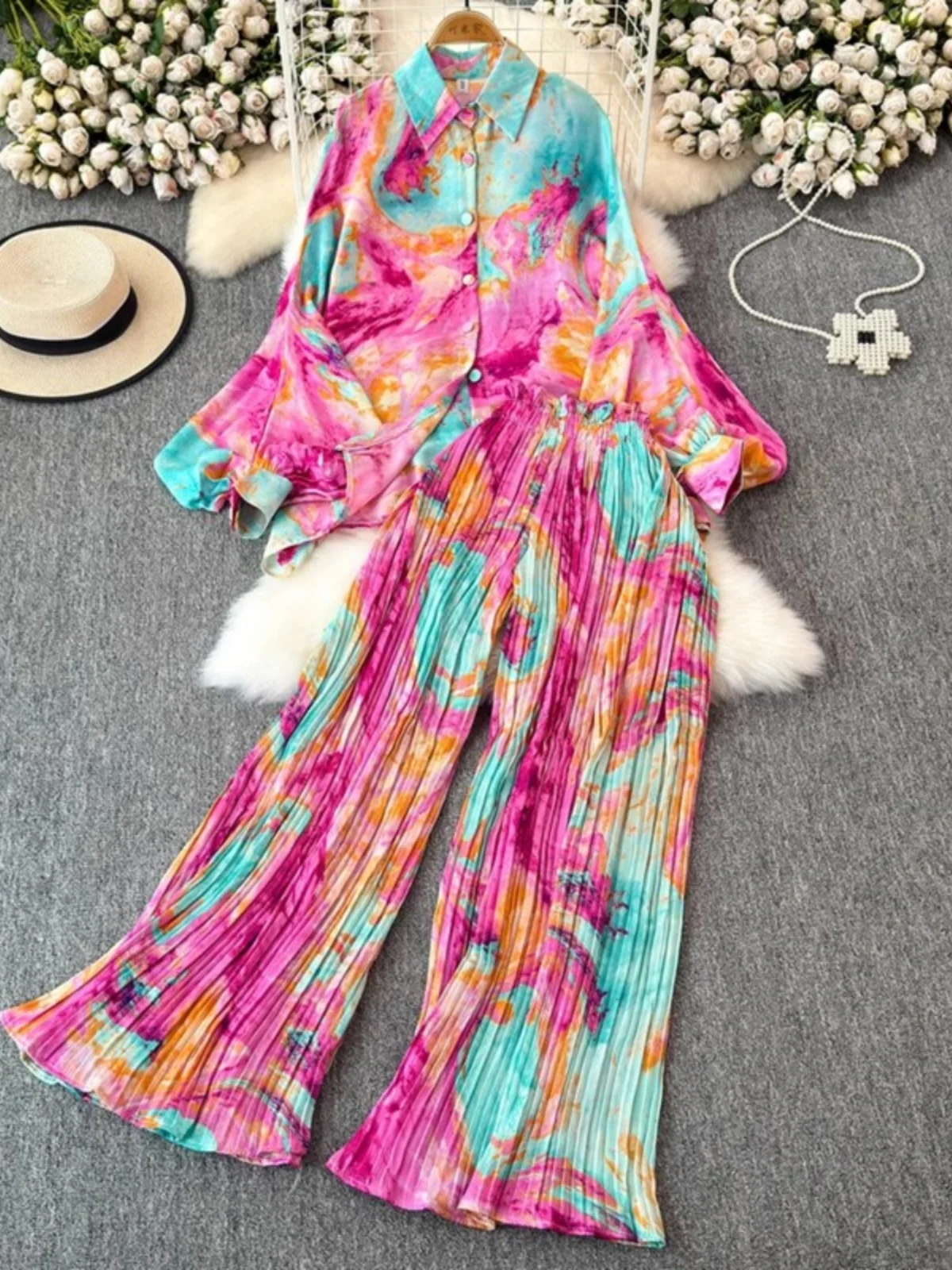 

Faionable High Waist Casual irt And Wide Leg Pants Set Women's Loose Lantern Sve Printed irt Two Piece Spring Outfit