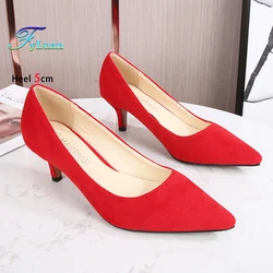 Comfort 5CM Thin High Heels Office Pointed Red Single Shoes Outdoor Walking Daily Women's Shoes Plus Size 46 Woman Suede Pumps