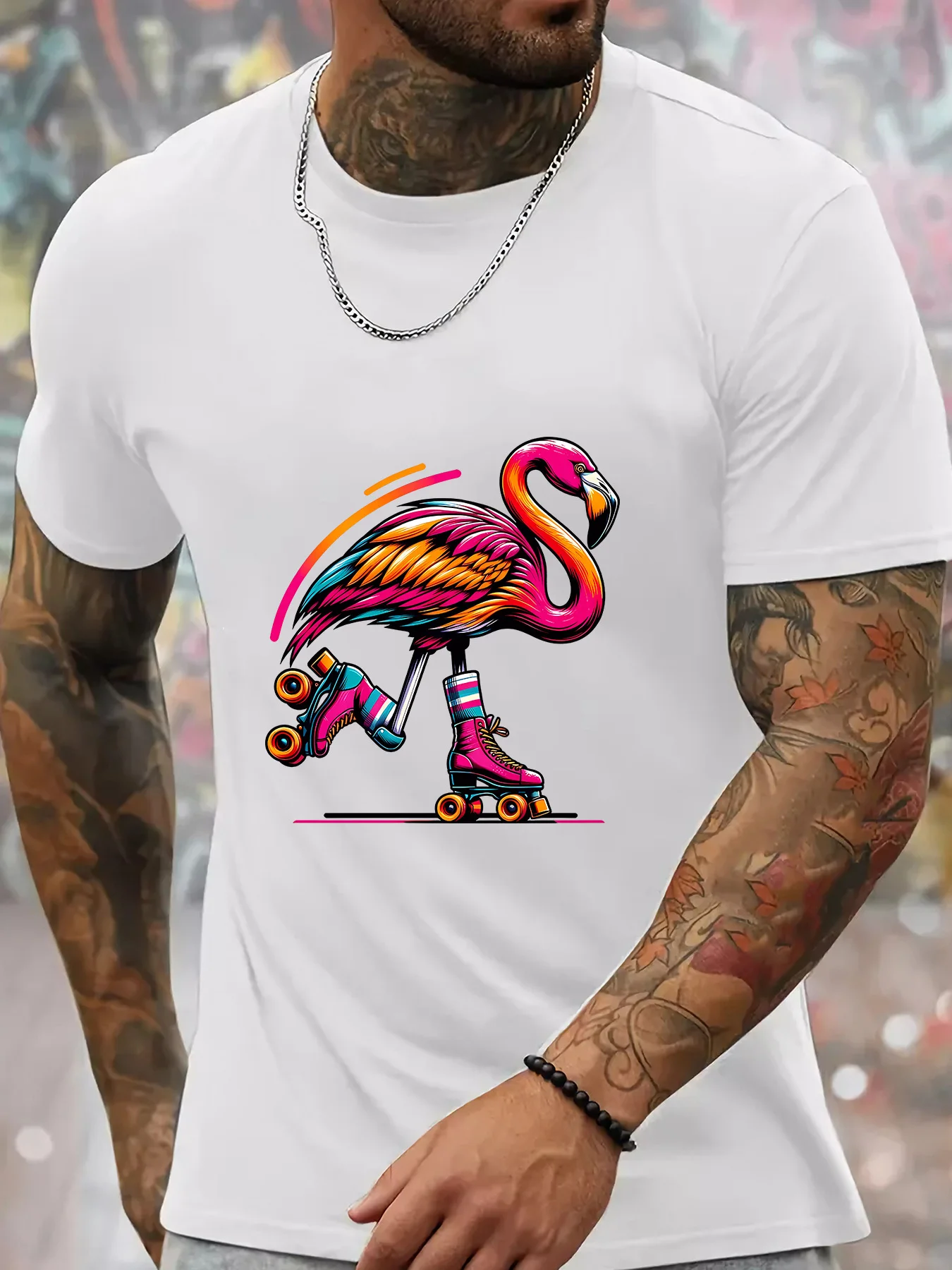 Men Short Sleeve Crew Neck T Shirt Cool Roller Skate Flamingo Cartoon Graphic Tropical Bird Theme Casual Cotton Streetwear Tee
