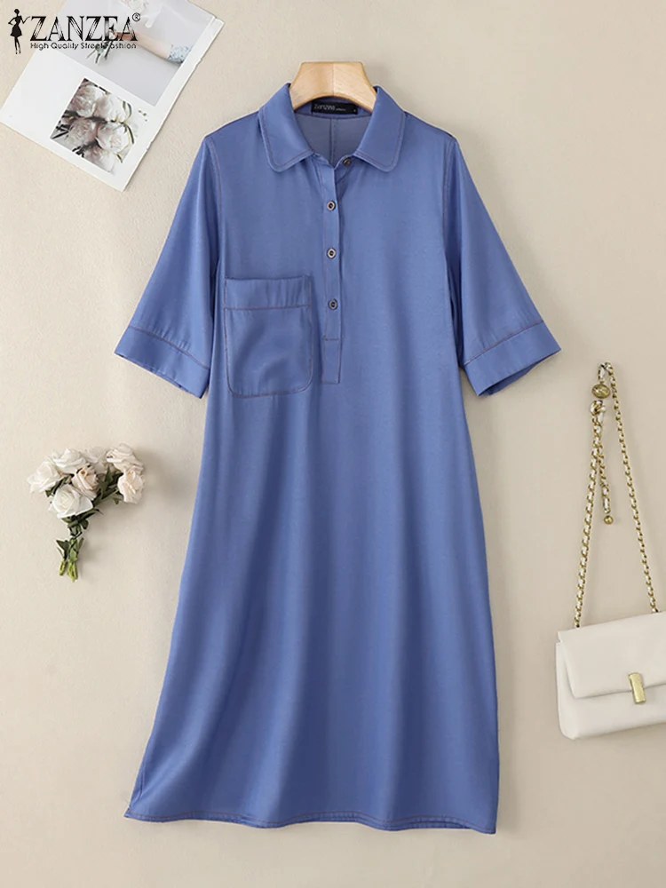 Women Summer Sundress ZANZEA Elegant Shirt Dress Casual Work Knee-length Dresses Stylish Lapel Neck Short Sleeve Button Vestidos