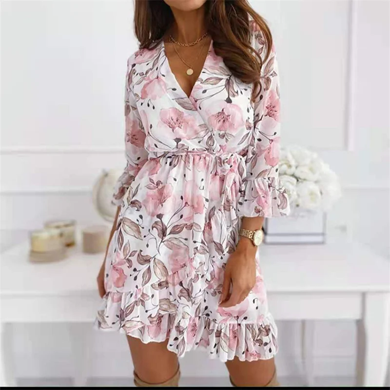 

Chiffon Ruffle Nine Points Sleeve Mini Dress Women 2022 Summer New Sexy V-Neck Elastic Waist Frenulum Sweet Style Party Dresses