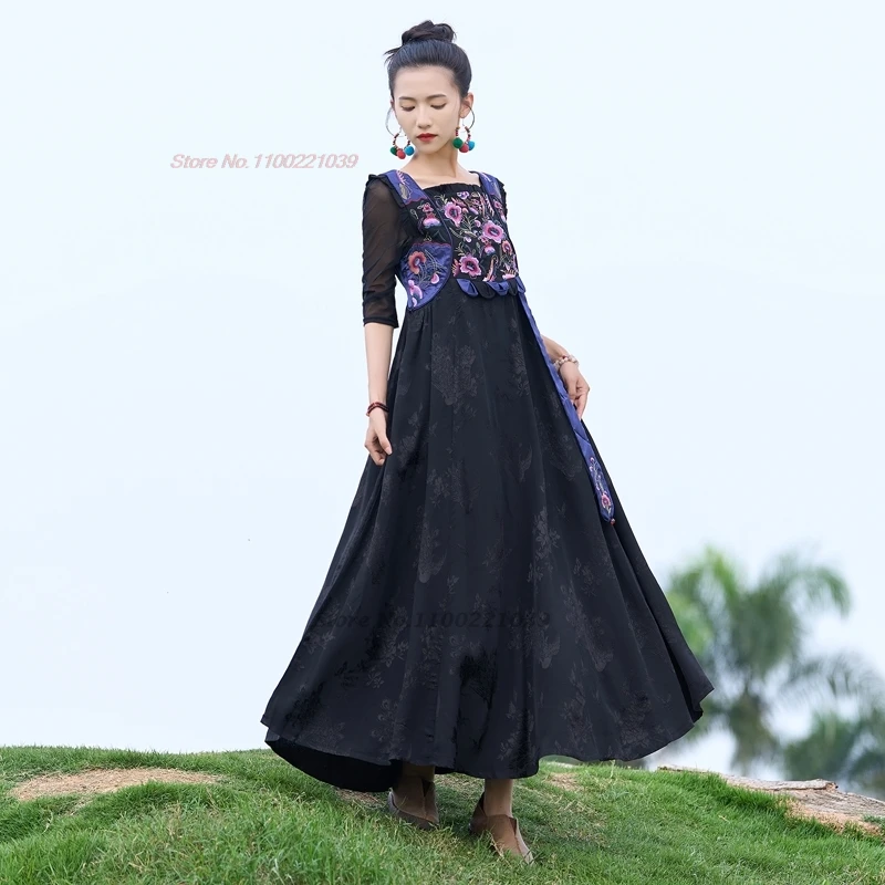 2024 traditional chinese vintage hanfu dress national flower embroidery a-line dress satin jacquard dress oriental folk dress