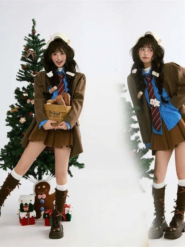 

Simple Brown Suit Set Photography Studio Theme Adolescent Female Wear Christmas Photo Shoot Ethnic Costume Stage Costume