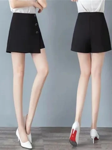 

Шорты с высокой талией, летние брюки-юбка, черные, повседневные, универсальные, женская одежда, стиль для поездок на работу, корейская мода, большие размеры