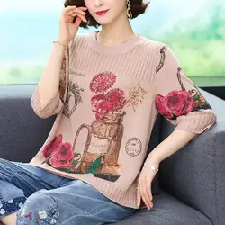 Women's Round Neck Sweaters 2023 Spring and Autumn Floral Printing Vintage Loose Half Sleeve All Match Pullover Knit Korean Tops