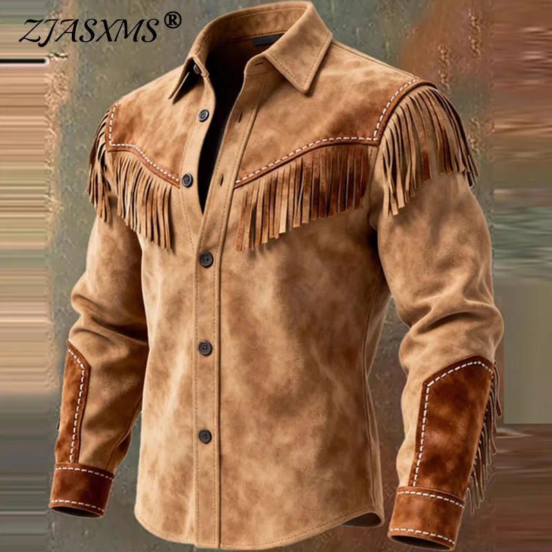 

Винтажное замшевое лоскутное пальто в стиле вестерн, мужская зимняя куртка с лацканами и кисточками, кардиганы, осенняя однобортная верхняя одежда, мужская одежда