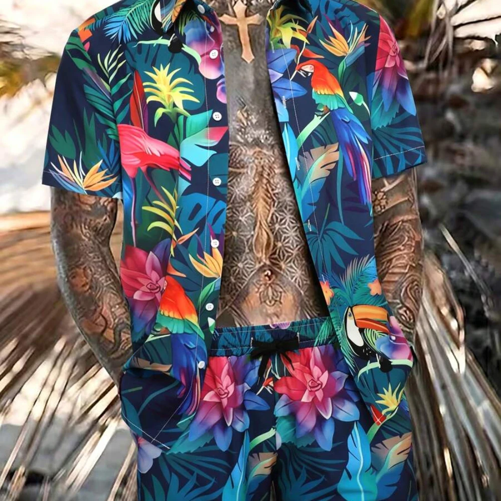 Camisa de praia masculina de férias havaiana de praia, conjunto de shorts de praia, verão, moda casual, flamingo, conjunto de camisa masculina solta