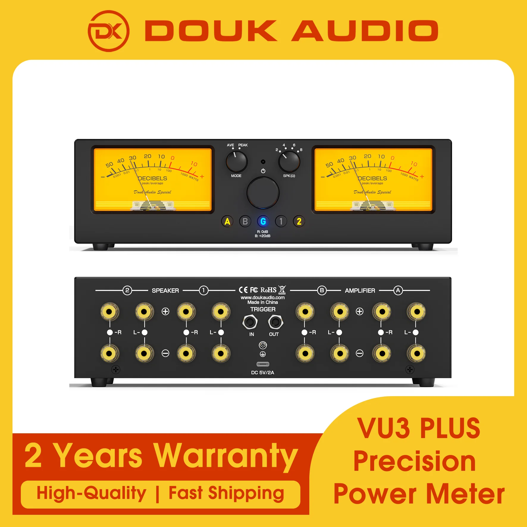 Douk Audio 2‑Way Amplifier Speaker Selector, Accurate Real‑Power Analog VU Meter with Protection Load