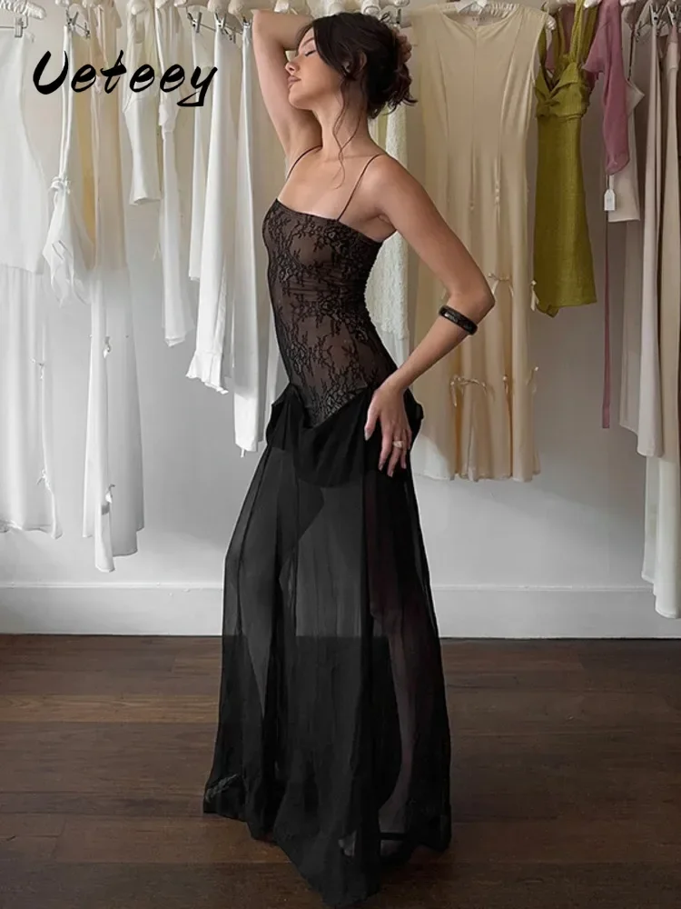 

Ueteey Lace Spaghetti Strap Sexy Maxi Dress Women Fashion Patchwork Sleeveless Backless See Through Club Party Long Dress